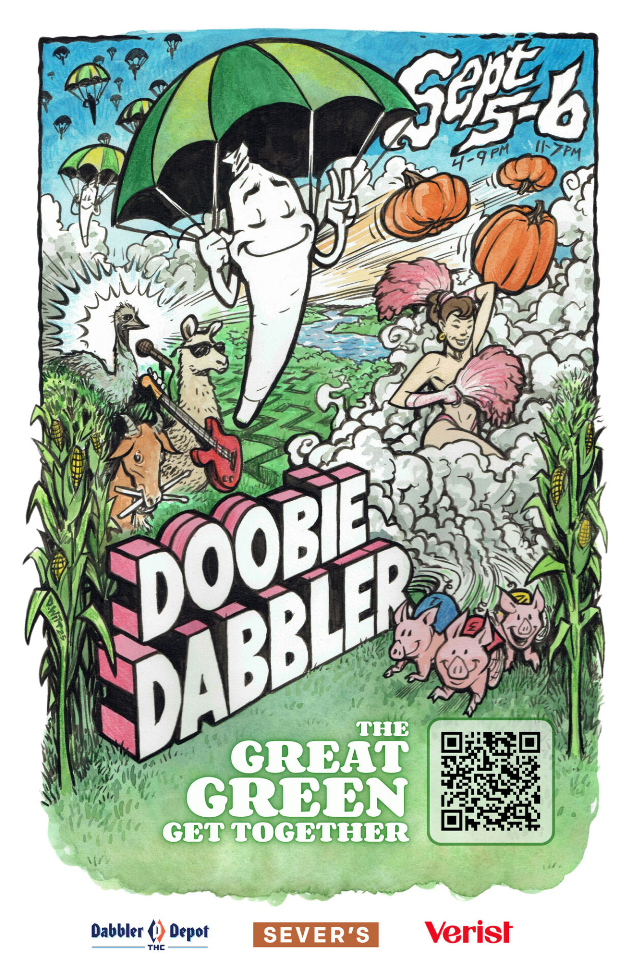 2025_Doobie-Dabbler_NO-CEDAR-LOGO_01 A cute, green cartoon character with heart-shaped eyes and white gloves stands on a colorful, wavy background, making a heart shape with its hands. Surrounding it are various smiling icons, including hearts, a flower, and a sun.